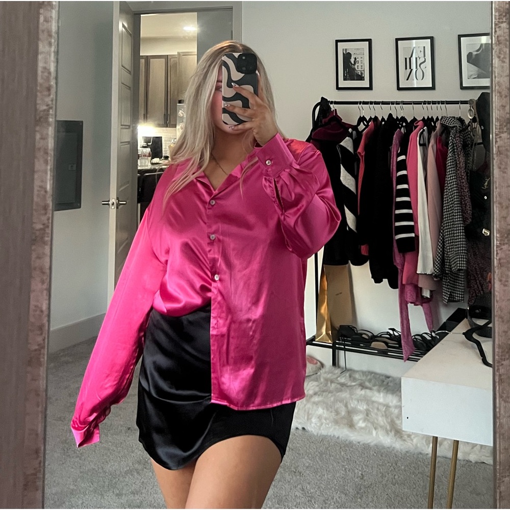 hot pink satin longsleeve button down top